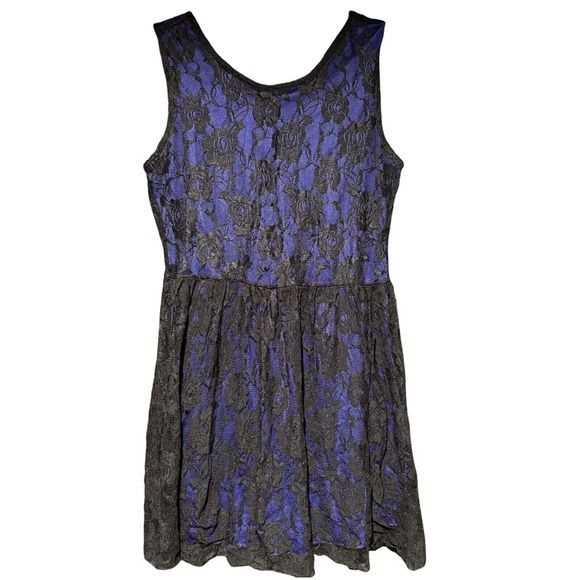 Gracie Women's XL Little Black Lace‎ Short Dress w/ Cobalt Blue Underlay - Picture 1 of 9